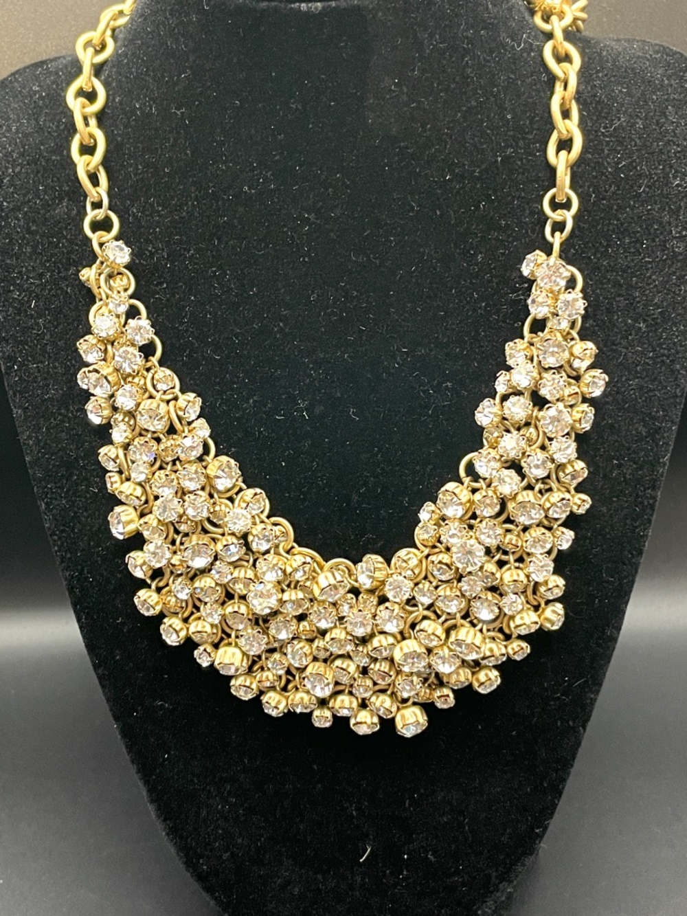Vintage J.Crew Matte Gold Tone Mesh Rhinestone Bib Necklace Rare